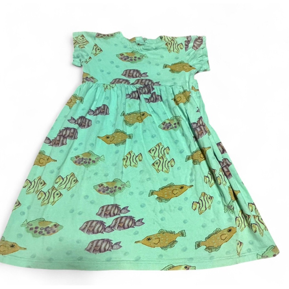 Cow and Lizard Girls 6X Fish Print Dress Aqua Ocean Sea Life Short Sleeve